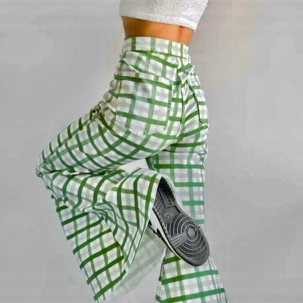 New Free People Just Float On Lime Checkered Green Super Flare Pants - Picture 4 of 8